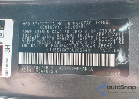 2008 Toyota Camry Le из США, поврежденный, VIN 4T1BE46K78U205941